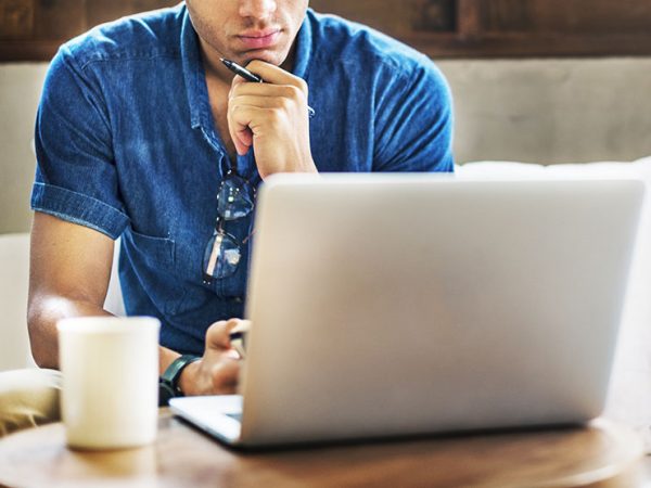 Man Working Coffee Shop Connecting Laptop Concept